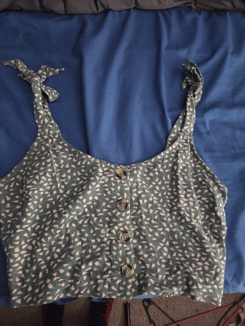 Womens Green Patterned Tie-Shoulder Crop Top